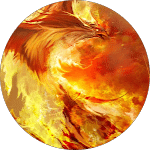 Fiery phoenix rising, engulfed in vibrant oranges, reds, and yellows. The mythical bird's wings spread wide in a circular frame, symbolizing rebirth and power.
